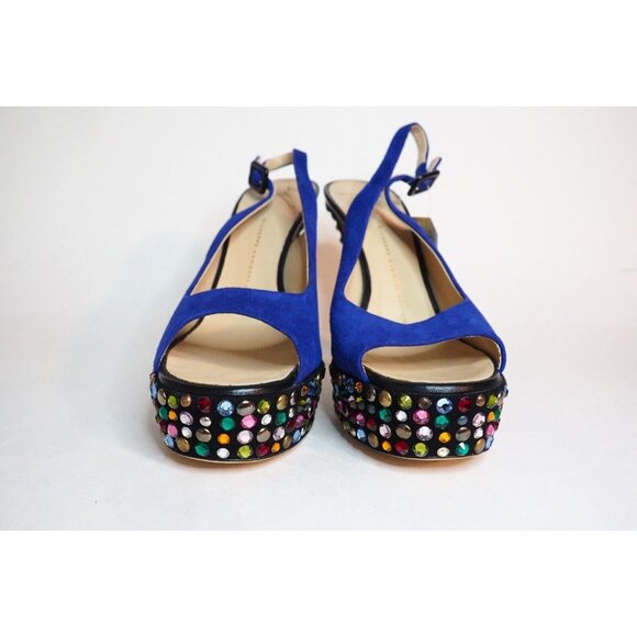 Giuseppe Zanotti Design Blue Suede Peep Toe Bejeweled Platform Heels, Size 9 US - Picture 3 of 14